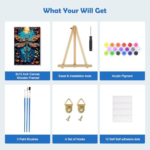 MOGTAA Paint by Numbers Kit for Adults with Frame, Dragonfly Paint by Number Canvas, Flowers Scenery Paint by Numbers with Easel, DIY Animal Oil Painting Kit for Home Wall Decor 8 x 12 Inch - Image 5