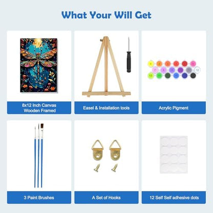 MOGTAA Paint by Numbers Kit for Adults with Frame, Dragonfly Paint by Number Canvas, Flowers Scenery Paint by Numbers with Easel, DIY Animal Oil Painting Kit for Home Wall Decor 8 x 12 Inch - Image 5