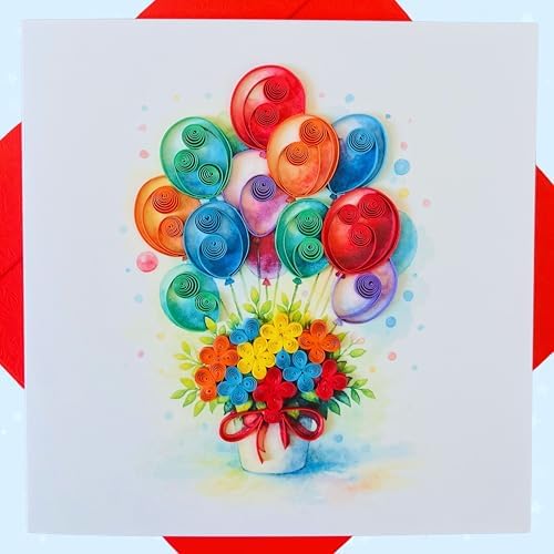 Quilling Cards, handmade card, quilled cards with Dedicated Paper, quilling birthday cards for women or all occasions: Mother's day, Greeting card, Birthday... daisy bouquet (Flowers with dragonfly) (Flying balloons) by SaigonWillingCraft