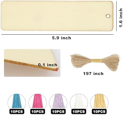 SWATOM Wood Bookmarks Blank DIY Wooden Bookmark Craft Bulk 50 PCS Unfinished Wood Tags Rectangle Shape Ornaments with Holes and Tassels for Wedding Party Birthday Decoration - Image 3