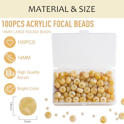 100Pcs 14mm Large Acrylic Beads for Jewelry Making, Chunky Marbled Round Focal Beads Bulk Set with Spacer Beads for DIY Bracelets Necklaces Keychains Bag Charms (Brown) - Image 2