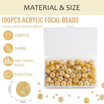 100Pcs 14mm Large Acrylic Beads for Jewelry Making, Chunky Marbled Round Focal Beads Bulk Set with Spacer Beads for DIY Bracelets Necklaces Keychains Bag Charms (Brown) - Image 2