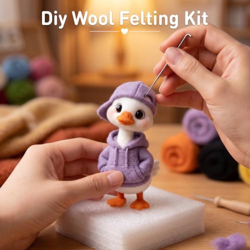 DIY Needle Felting Kit Cute White Duck in Purple Hoodie – Needle Felting Starter Kit with Fiber Roving, Needles, Felting Pad & Instructions | Felted Bird Character Kit for Beginners Adults - Image 6