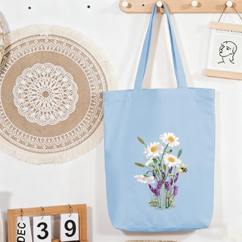 Canvas Tote Bag Embroidery Kit with Pattern for Beginners, Arts and DIY Embroidery Crafts Kits for Adults, Instructions, Embroidery Hoops, Color Threads (lightblue, CR002 huaxiangyiren lightblue) - Image 7