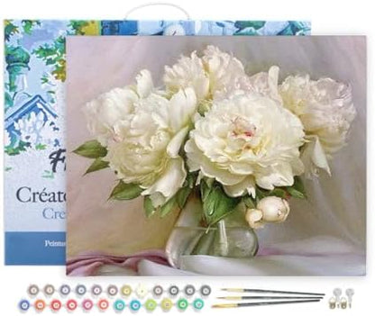 Figured'Art Paint by Numbers for Adults with Frame White Peonies 16"x20" - Craft Art Painting DIY Kit Canvas Already Stretched on a Wooden Frame by FiguredArt