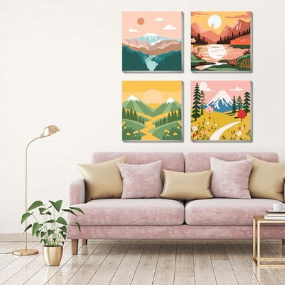 FQOVKYN 4 Packs Paint by Numbers Kit for Adults with Frame, DIY Landscape Adult's Paint by Number on Canvas, Mountain Oil Painting Kits for Home Wall Decor 8x8 Inch - Image 4