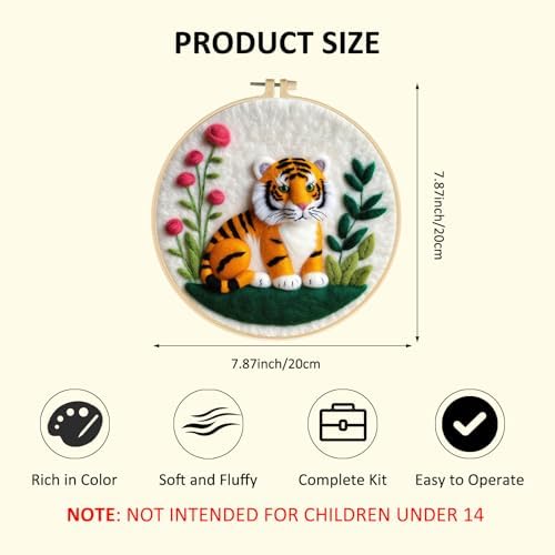 Zovylks Needle Felting Kit for Adults, 7.9 Inch Wool Felt Painting DIY Craft Set for Beginners, Needle Felt Starter Kit with Picture Frame, Foam Pad, Finger Cot (Tiger) - Image 2