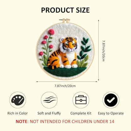 Zovylks Needle Felting Kit for Adults, 7.9 Inch Wool Felt Painting DIY Craft Set for Beginners, Needle Felt Starter Kit with Picture Frame, Foam Pad, Finger Cot (Tiger) - Image 2