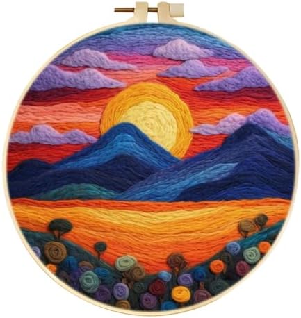 CaptainCrafts DIY Needle Felting Starter Kit with Picture Hoop, Foam Pad Felt Cloth Instructions for Home Decoration Beginner Art Craft (Sunset Mountain Landscape) by CaptainCrafts