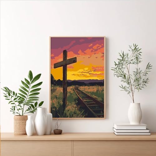 Cross Framed Paint by Numbers Kit for Adults Beginner & Kids Ages 8-12, Sunset Landscape Paint by Numbers with Frame, without Easel, DIY Number Painting for Adults for Home Decor Gift 8 x 12 Inch - Image 2