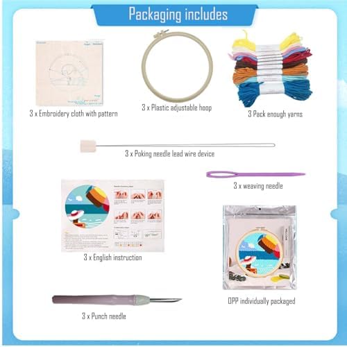 Allazone 3 Set Punch Needle Kits with Ocean Pattern, Embroidery Starter Kits Punch Needle Tool Threader Fabric, Yarn, Embroidery Hoop for Crafts, Home Decor - Image 3