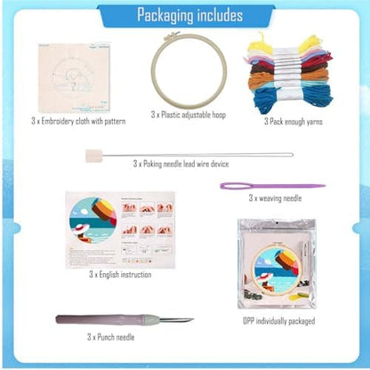 Allazone 3 Set Punch Needle Kits with Ocean Pattern, Embroidery Starter Kits Punch Needle Tool Threader Fabric, Yarn, Embroidery Hoop for Crafts, Home Decor - Image 3