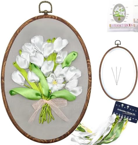 FONNUY Ribbon Embroidery 3D Flowers Pattern Design Kit Embroidery DIY Handwork Set Oval Home Decoration (White Tulip) by FONNUY
