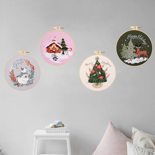 Huacan Embroidery Kits for Adults Beginner 4 Pcs Stamped Christmas Tree Pattern Stitching DIY Sewing Kit 7.9 x 7.9 Inch - Image 5