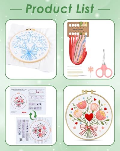 ERKOON Embroidery Kit for Beginners Adult, Flower Cross Stitch Set Include Embroidery Cloth Hoops Threads for Craft Lover Hand Stitch with Embroidery Skill Techniques (Bouquet) - Image 2