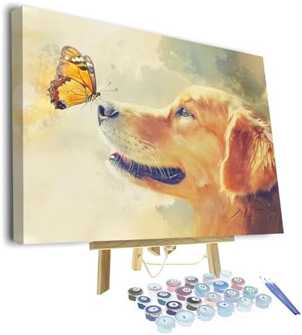 TUMOVO Paint by Numbers Kit for Adults - Cute Golden Retriever Dog with Butterfly on Nose, Heartwarming Pet Art Painting by Numbers for Beginners, DIY Animal Canvas - 16x20 Inch(Framed) by TUMOVO