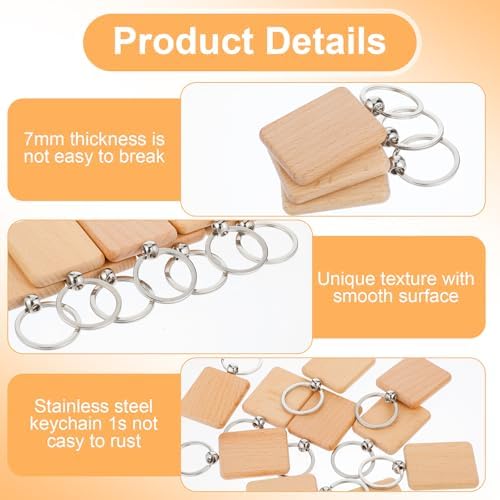 MAQUITA 100 Pcs Wooden Keychain Blanks Wood Key Chains Bulk Laser Engraving Rectangle Keychain Blanks Unfinished Wooden Key Ring Tag for DIY Gift Crafts - Image 3