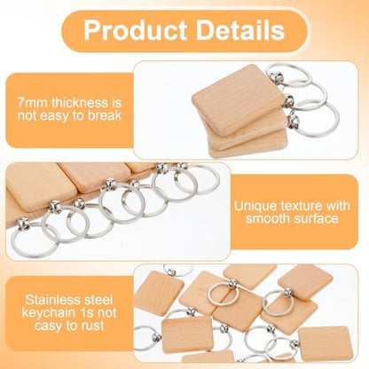 MAQUITA 100 Pcs Wooden Keychain Blanks Wood Key Chains Bulk Laser Engraving Rectangle Keychain Blanks Unfinished Wooden Key Ring Tag for DIY Gift Crafts - Image 3