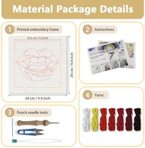 Doodlream Red Lip Needle Kit for Beginner, 9.4"x 9.4" Halloween Fanged Mouth Punch Stitching Craft Set, Color DIY Embroidery Starter with Printed Frame, Instruction, Threader, Yarn, Pinch Needle - Image 2