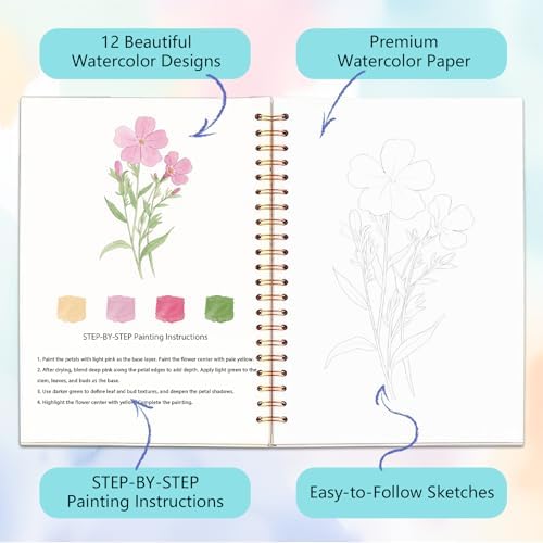 Easy Watercolor Workbook for Beginners - 12 Beautiful Step-by-Step Paintings Water Coloring Book, Includes 16 Watercolors Set, Relaxing Art Projects and Creative Gift for Adults & Teen (Flowers) - Image 3