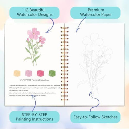 Easy Watercolor Workbook for Beginners - 12 Beautiful Step-by-Step Paintings Water Coloring Book, Includes 16 Watercolors Set, Relaxing Art Projects and Creative Gift for Adults & Teen (Flowers) - Image 3