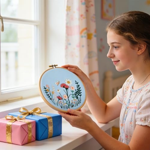 Flower Embroidery Kits for Beginners Adults, Hand DIY Embroidery Art Kits, Floral Stamped Cross Stitch Kits for Beginner Adults Craft Kits for Women, Entire Set of Embroidery Supplies & Video Tutorial - Image 7