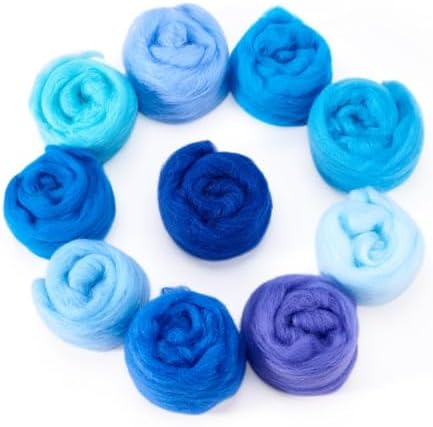 Boutigem 10 Colors Blue Needle Felting Wool 50g, 1.76oz Blue Wool Roving for Needle Felting, Soft Spinning Felting Wool Supplies for DIY Crafts, Felting, Blending, Weaving and Hand Spinning by BoutigemJewelry
