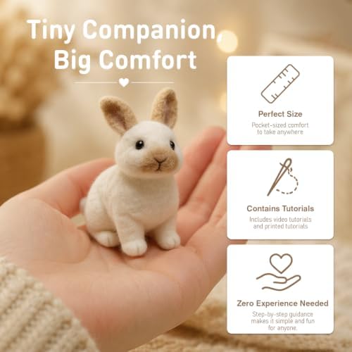 FACE N FACE DIY Needle Felting Kit Realistic White Rabbit Tan Ears – Needle Felting Starter Kit with Fiber Roving, Needles, Felting Pad & Instructions | Felted Rabbit Animal Kit for Beginners Adults - Image 5