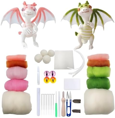 Needle Felting Kits for Beginners, Green and Pink Dragon Wool Felt Project by DEUXPERHandicraftStudio