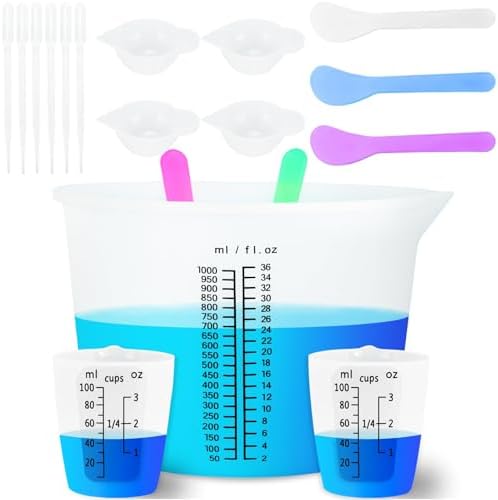 Creahaus 1000ML Large Silicone Measuring Cups for Resin, Easy to Read 36oz Silicone Mixing Bowl with 100ML Mixing Cup, Easy Clean Reusable Epoxy Resin Supplies with Stir Stick, Pipettes by Creahaus