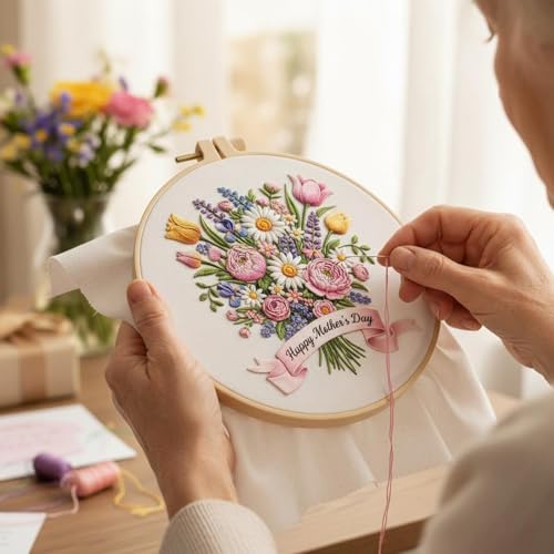 DIYDeligths Embroidery Kit for Beginners Adults Hand Needlepoint Craft Complete Embroidery Kit Featuring Pre Printed Pattern 7.87in Hoop Needles Threads and Guide for Craft Lovers (Flowers) - Image 2
