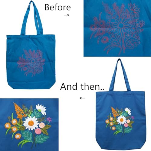Canvas Tote Bag Embroidery Kit with Pattern for Beginners, Arts and DIY Embroidery Crafts Kits for Adults, Instructions, thimble, Embroidery Hoops, Color Threads (darkblue, CR002 chenhuicaoxin) - Image 5