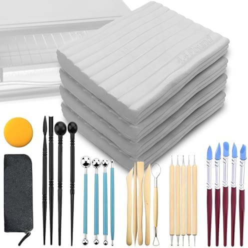 ReArt Oven Bake Polymer Clay White, Non Toxic 4.4Lbs with Pottery Tools & Paint Brushes Great for Modeling, Sculpting, Holiday, DIY Jewelry Making Projects. Great for All Skill Levels (White & Tools) by ReArt