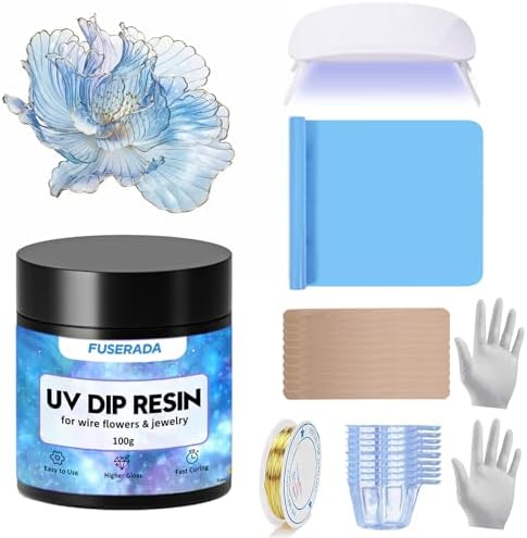 25PCS UV Dip Resin Kit for Wire Flowers Jewelry, 100g UV Dip Resin with Light Set, Crystal Clear Fast Curing Resin, Silicone Mat, UV Dip Epoxy Resin Jewelry Making Kit Supplies, DIY Art Crafts by Unknown