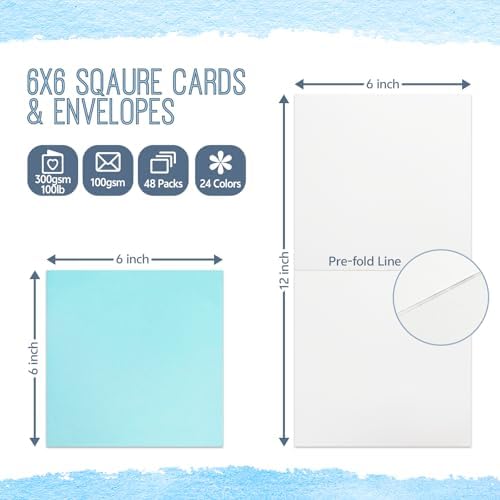 6 x 6 Inch Sqaure Blank Cards with Envelopes 100LB Folded Greeting Cards 24 Assorted Colors 48 Thick Plain Card Stock for Card Making, Photo Cards, Embroidery - Image 2