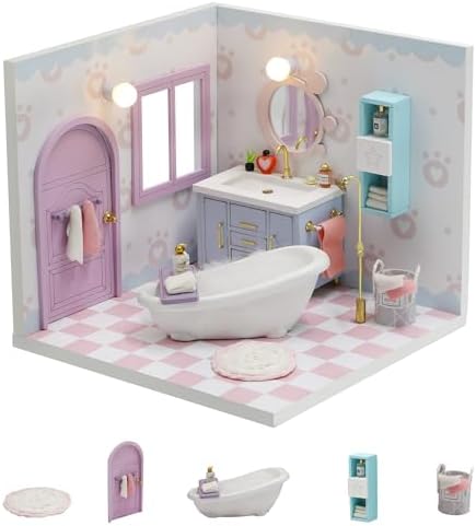 Kisoy Dollhouse Miniature with Furniture Kit, DIY 3D Wooden DIY House Kit A Corner of a Small Apartment Style with Dust Cover & LED,Handmade Tiny House Toys for Kids Adults Gift (Bathroom) by Kisoy