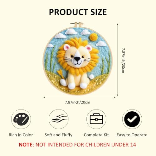 Zovylks Needle Felting Kit for Adults, 7.9 Inch Wool Felt Painting DIY Craft Set for Beginners, Needle Felt Starter Kit with Picture Frame, Foam Pad, Finger Cot (Lion) - Image 2