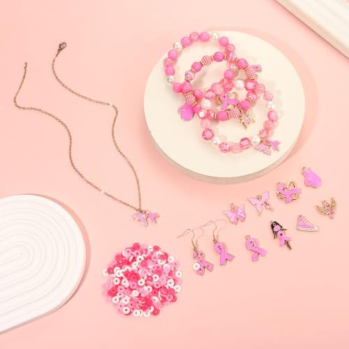 2650PCS+ Breast Cancer Awareness Beads Charms for Bracelet Making Pink Clay Heishi Beads Acrylic Pearl Crystal Spacer Bead Pink Ribbon Charms for Jewelry Making DIY Breast Cancer Awareness Accessories - Image 5