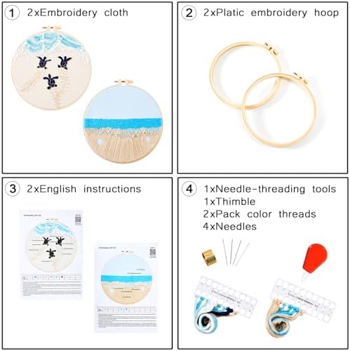 Embroidery Kit for Beginner Adults, Stamped Cross Stitch kits for Adults Beginners, Ocean Hand Embroidery Starter Needlepoint Kit, 2 Set Embroidery Supplies, 2 Hoops (Attached Teaching Video QR Code) - Image 6