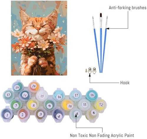 DIY Cat and Flower Paint by Numbers Kits for Adults, Painting by Numbers for Adult & Beginner on Canvas, Animal Oil Painting Kits Perfect for Home Decoration 16x20 Inch - Image 3