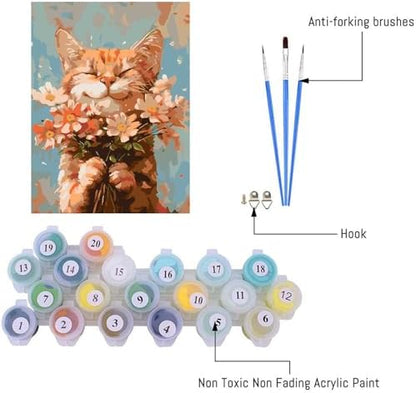 DIY Cat and Flower Paint by Numbers Kits for Adults, Painting by Numbers for Adult & Beginner on Canvas, Animal Oil Painting Kits Perfect for Home Decoration 16x20 Inch - Image 3