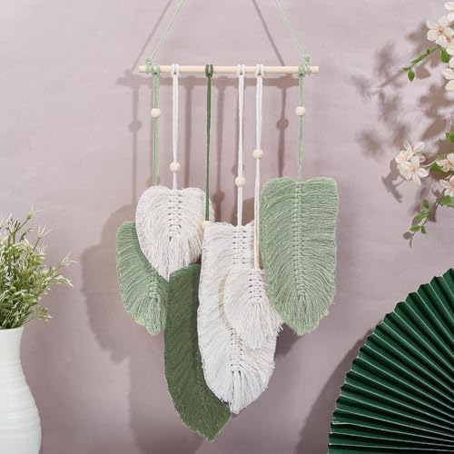 FREEBLOSS DIY Macrame Leaf Wall Hanging Kit Leaves Woven Tapestry Feather Wall Hanging Decor Beginners Macrame Kit for Adults Birthday Gift (Green&White) - Image 5