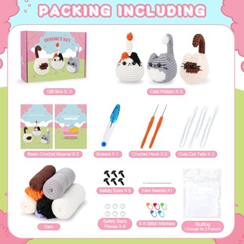 Cat Crochet Kit for Beginners-3PCS Cats Crochet Kits,Teacher Appreciation Gifts for Women, Crochet Starter Kit with Step-by-Step Video Tutorials,Crochet Animal Kits DIY Craft Learn to Crochet Kits - Image 3