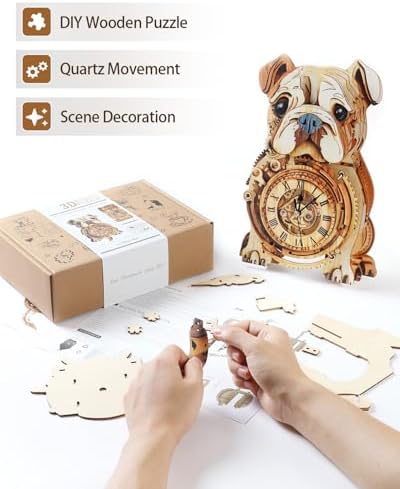 3D Puzzles for Adults-Wooden Bulldog Clock Puzzle DIY Clock Model Kit - Image 3