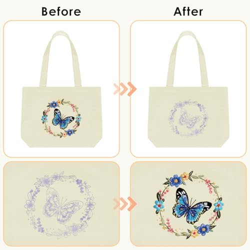ERKOON Canvas Tote Bag Embroidery Kit for Beginners, Floral Arts Crafts Cross Stitch Kits for Adults Including Stamped Embroidery Bag with Hoops, Needle, Instruction and Color Threads (Butterfly) - Image 3