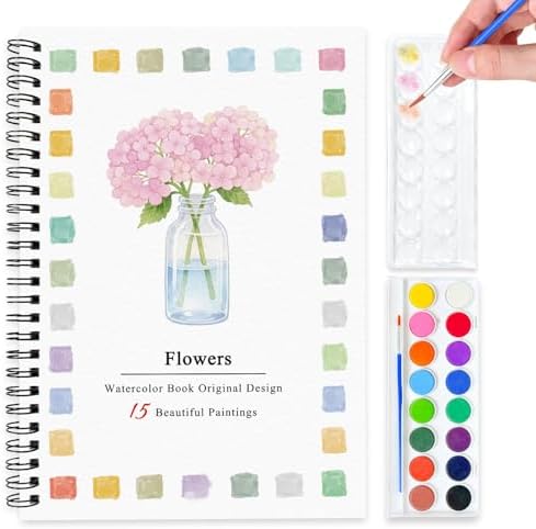 SLWBZ Watercolor Workbook Pink Flowers, 15 Different Patterns of Original DIY Designs, 16 Color Watercolor Paint Plates with Palette and Brush, Beginner-Friendly Watercolor Workbooks, Pink Hydrangea by Unknown
