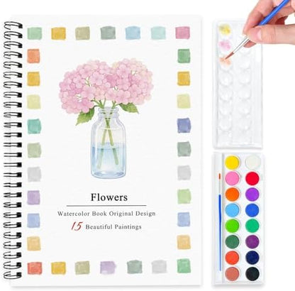 SLWBZ Watercolor Workbook Pink Flowers, 15 Different Patterns of Original DIY Designs, 16 Color Watercolor Paint Plates with Palette and Brush, Beginner-Friendly Watercolor Workbooks, Pink Hydrangea by Unknown