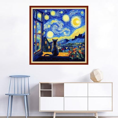 Joyhoor Cross Stitch Kits for Beginners Stamped Cross-Stitch Supplies Needlework preprint Embroidery Kits for Adults DIY Needlepoint Kits Embroidery Patterns 11CT-Cat Watch Van Gogh Stars 18x18 inch - Image 2
