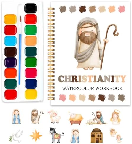 Easy Christianity Watercolor Workbook for Beginners, Water Coloring Book, 18 Colors Watercolor Paint Set, 12 Patterns Watercolor Kit, Faith-Based, Relaxing DIY Art Gift for Adults (Jesus) by SHLINCO