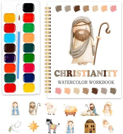 Easy Christianity Watercolor Workbook for Beginners, Water Coloring Book, 18 Colors Watercolor Paint Set, 12 Patterns Watercolor Kit, Faith-Based, Relaxing DIY Art Gift for Adults (Jesus) by SHLINCO